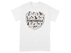 T-shirt with heart shape of German Shorthaired Pointers and paw prints.