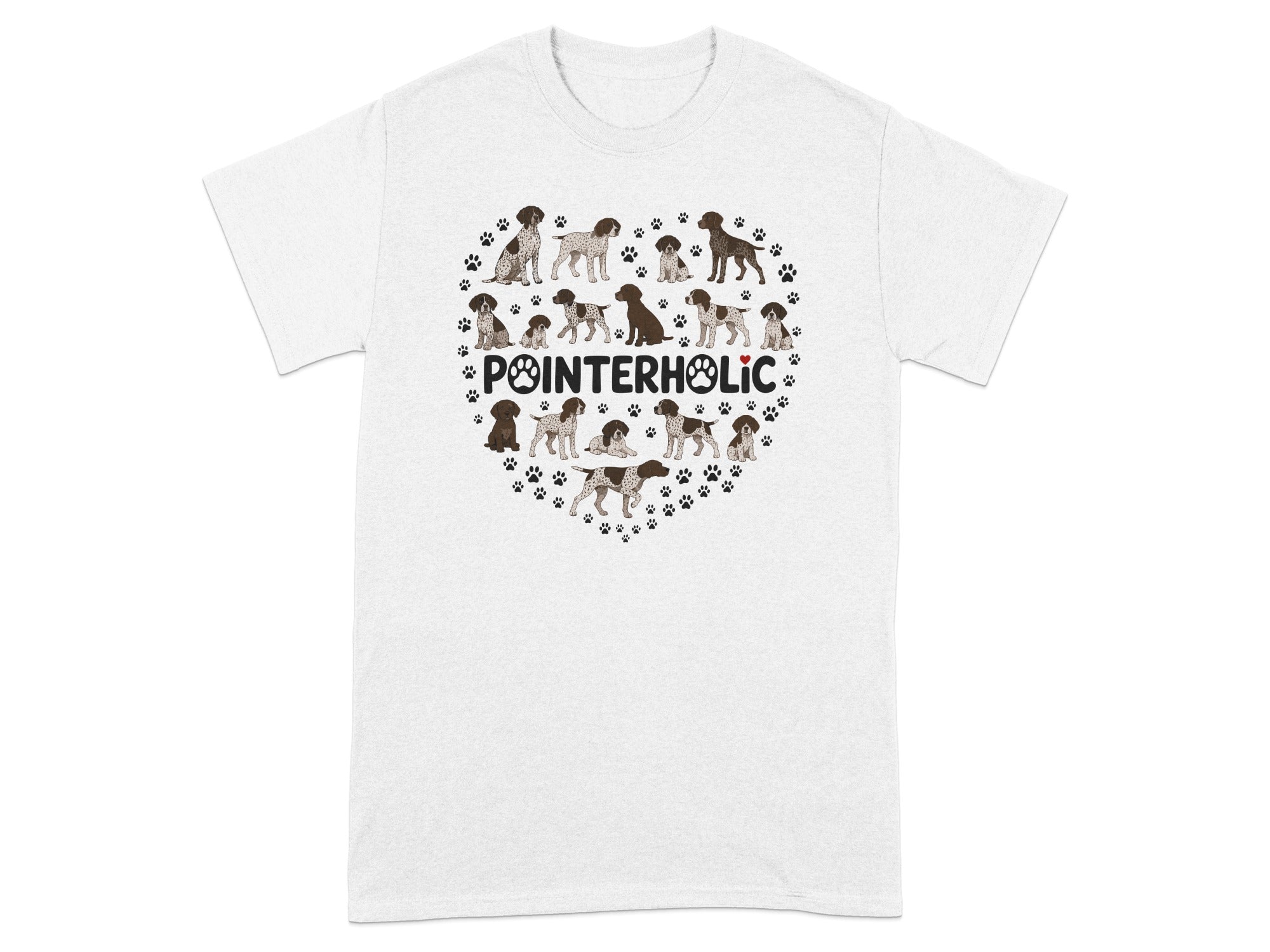 T-shirt with heart shape of German Shorthaired Pointers and paw prints.