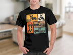 Black t-shirt with a six-panel graphic of corgis with vintage audio equipment.