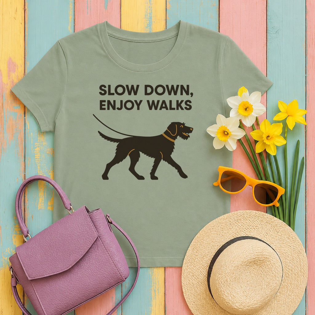 Wirehaired Vizsla Slow Down Enjoy Walks Tee in Sage