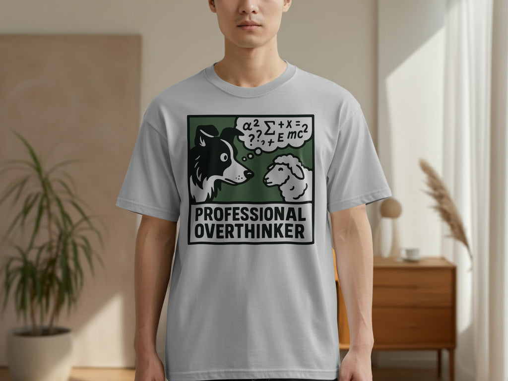 Grey t-shirt with a dog and sheep discussing physics and "Professional Overthinker".