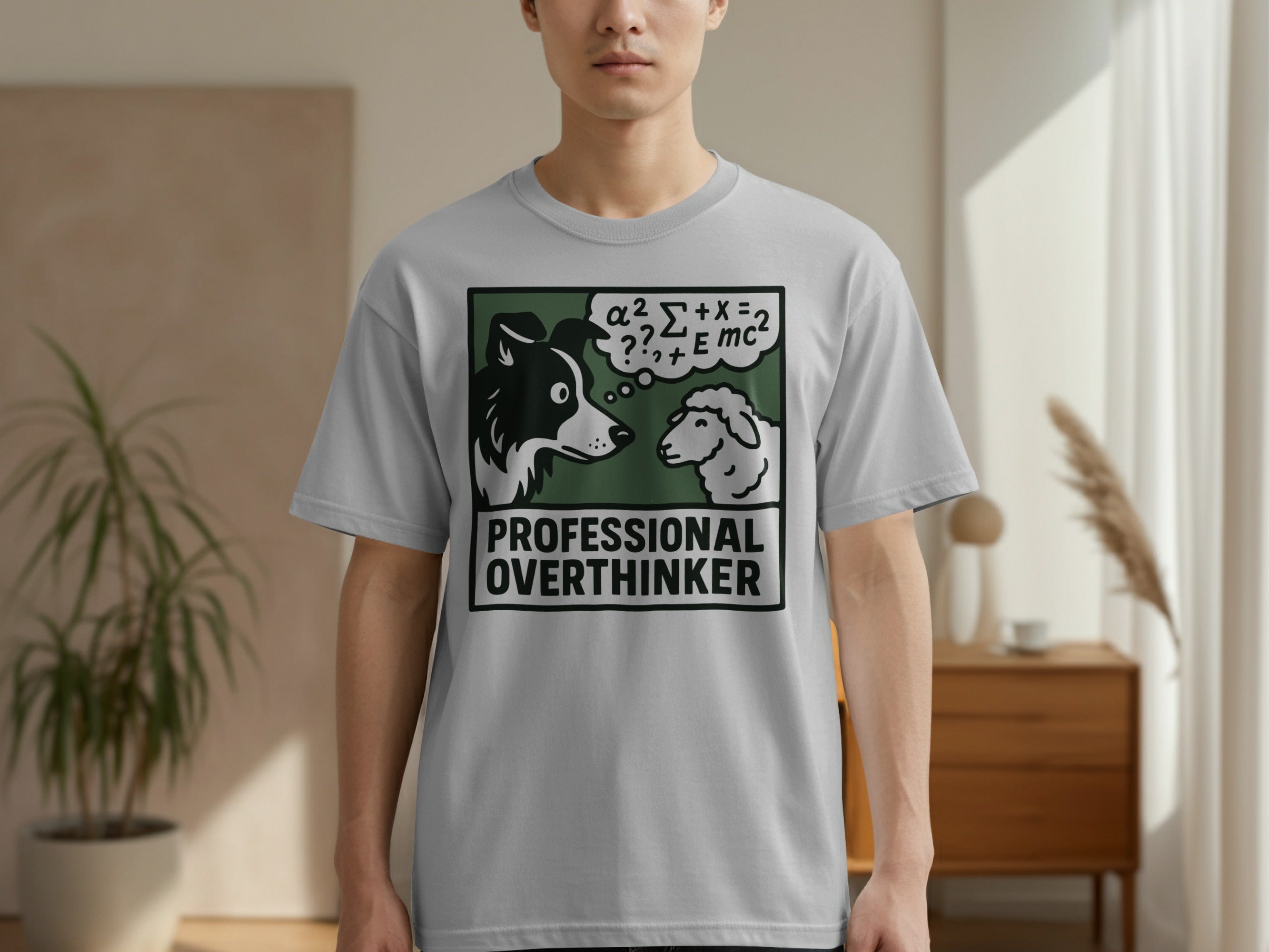 Grey t-shirt with a dog and sheep discussing physics and "Professional Overthinker".