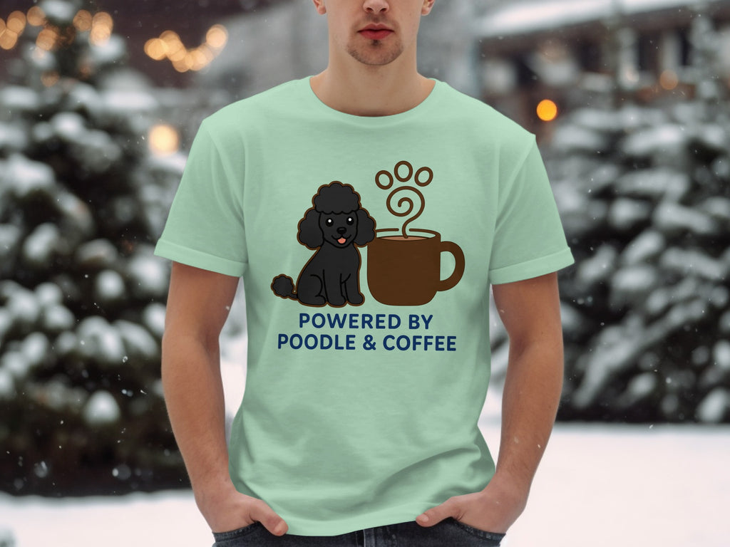 Light teal t-shirt with black poodle and coffee cup graphic, text "POWERED BY POODLE & COFFEE".