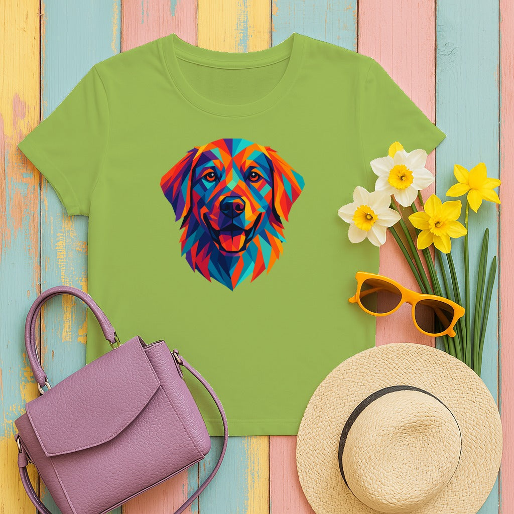 Geometric Golden Retriever Dog Colorful Art T-Shirt in Kiwi
