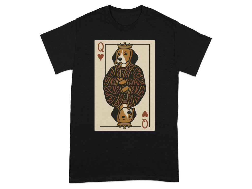 Black t-shirt with Queen of Hearts card featuring a beagle wearing a crown and ornate robe.
