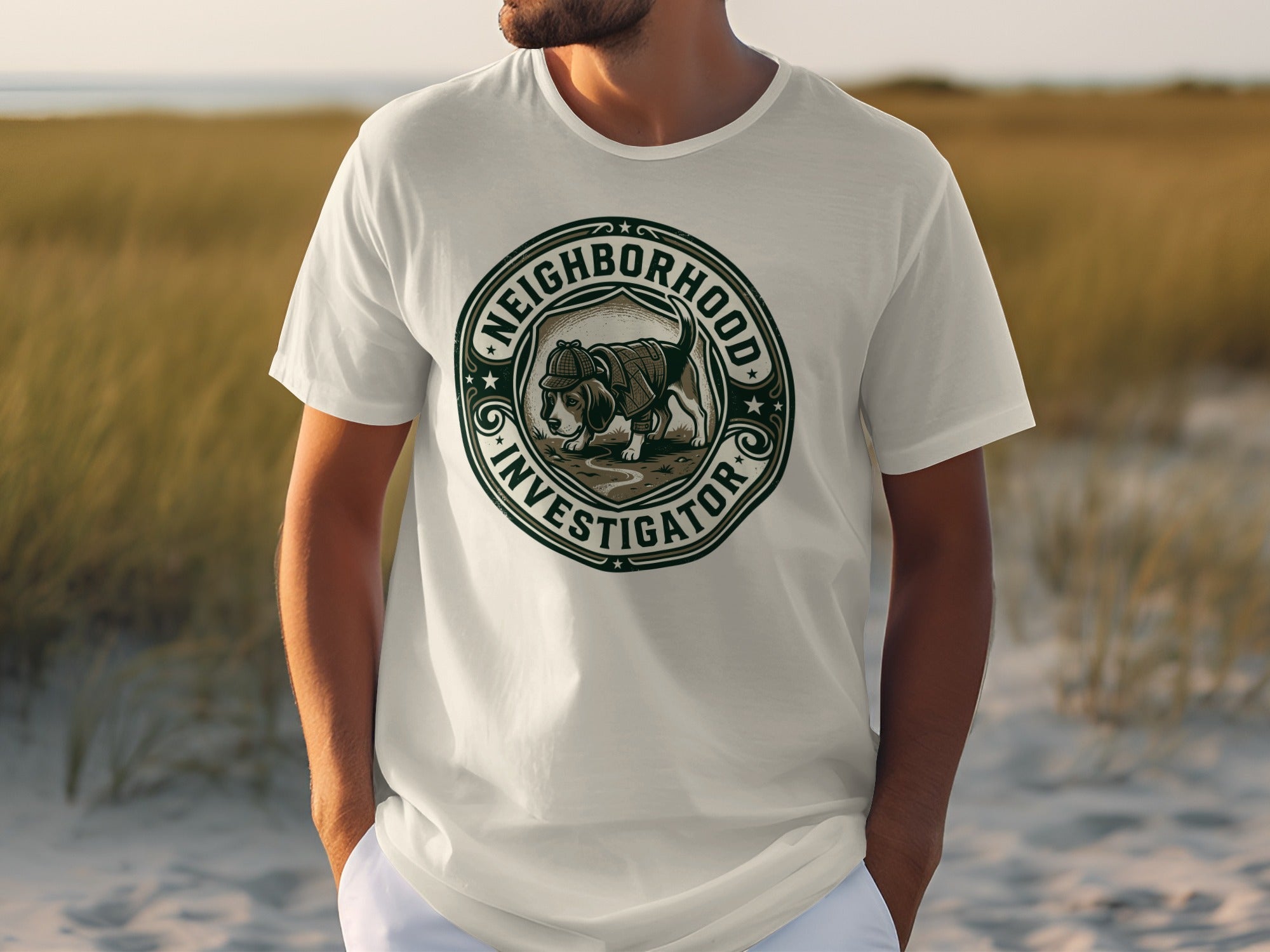 T-shirt with a circular graphic of a dog wearing a hat, labeled "Neighborhood Investigator".