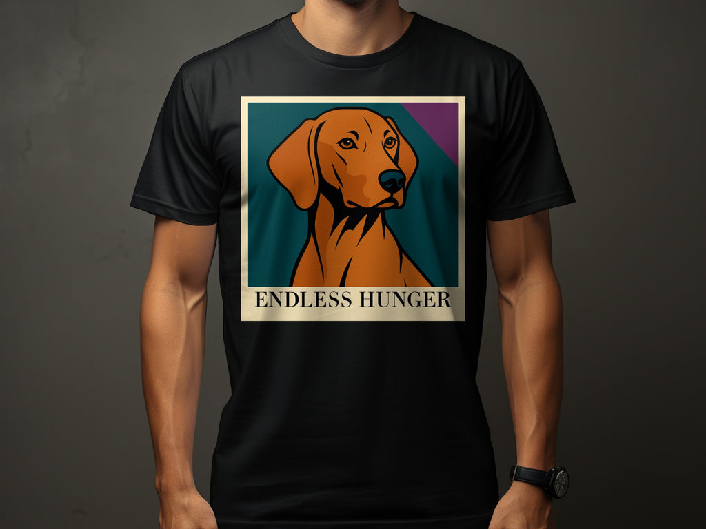 Black t-shirt with a stylized brown dog portrait and text "ENDLESS HUNGER".