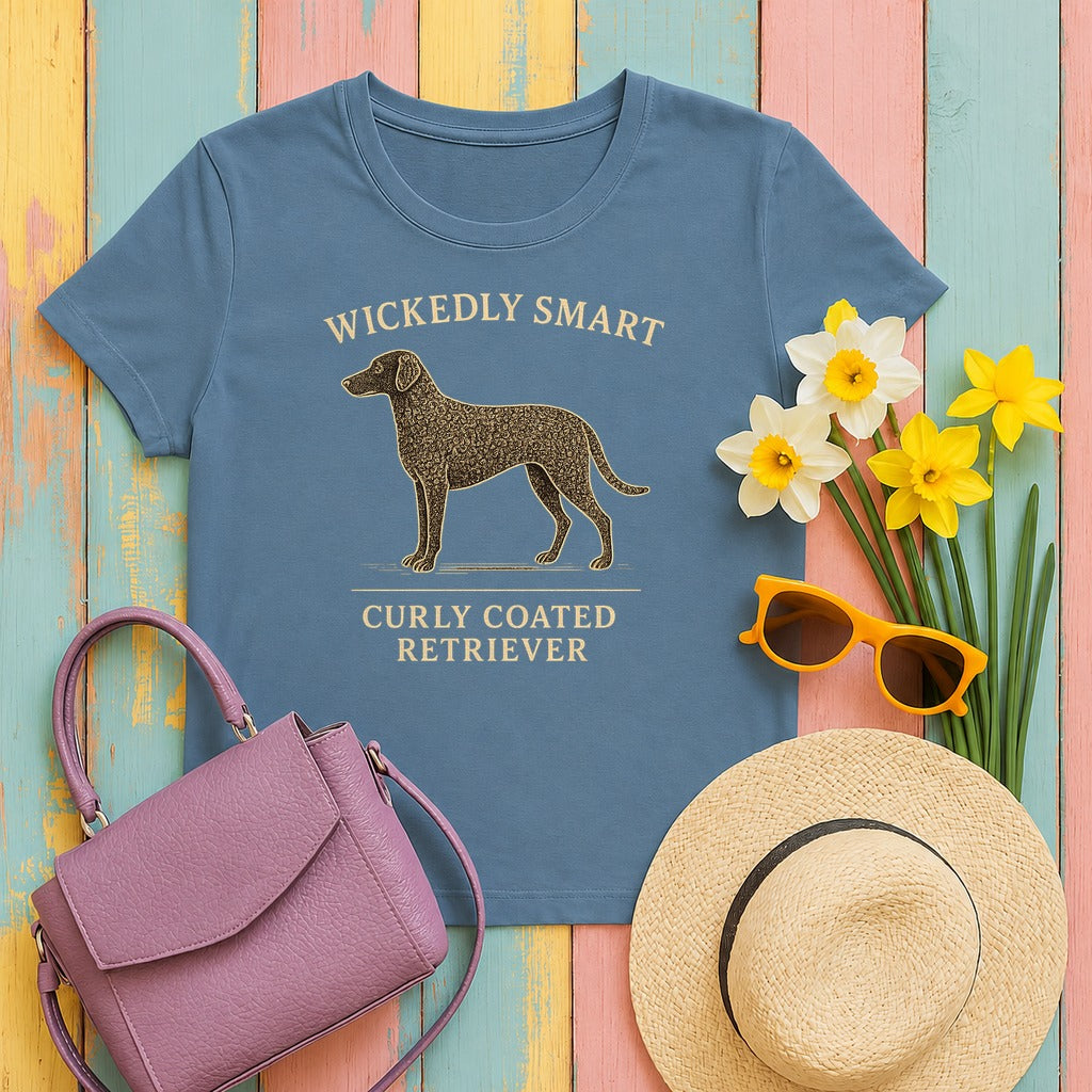 Curly-Coated Retriever Wickedly Smart Tee in Steel Blue