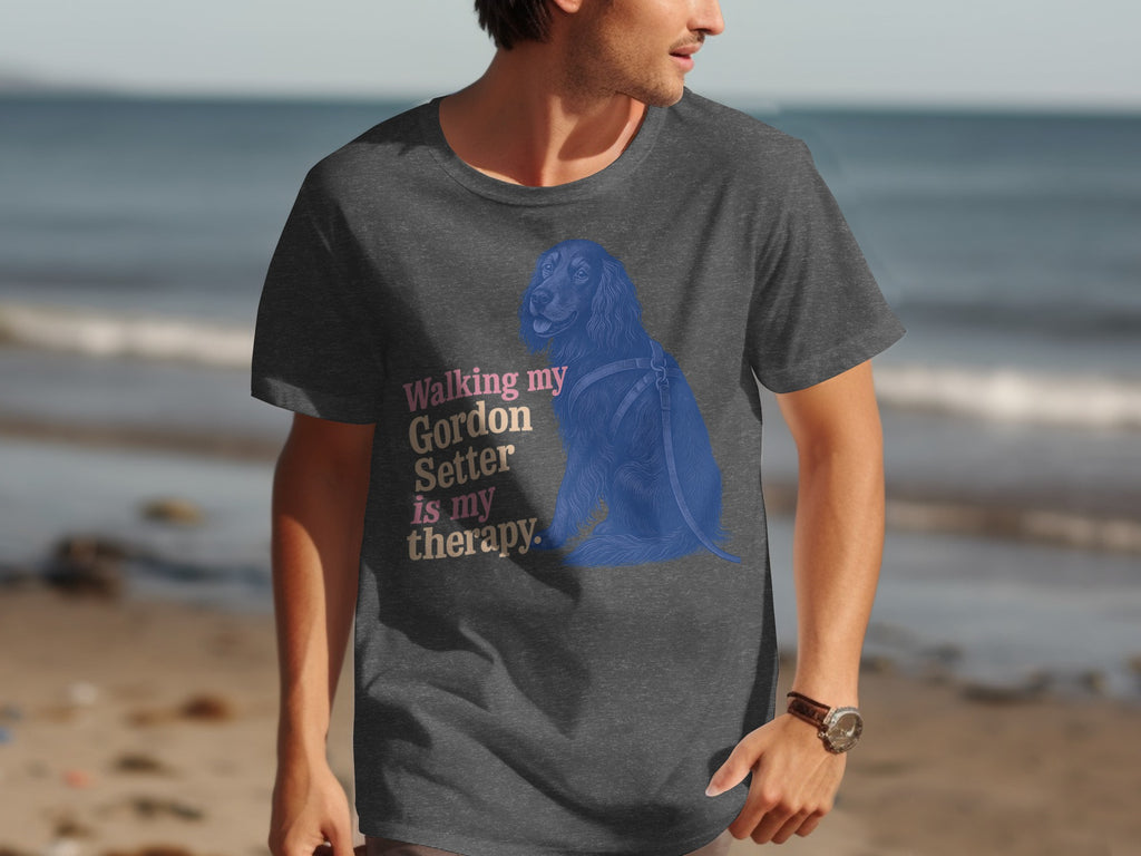 Dark grey t-shirt with blue Gordon Setter art and text "Walking my Gordon Setter is my therapy."