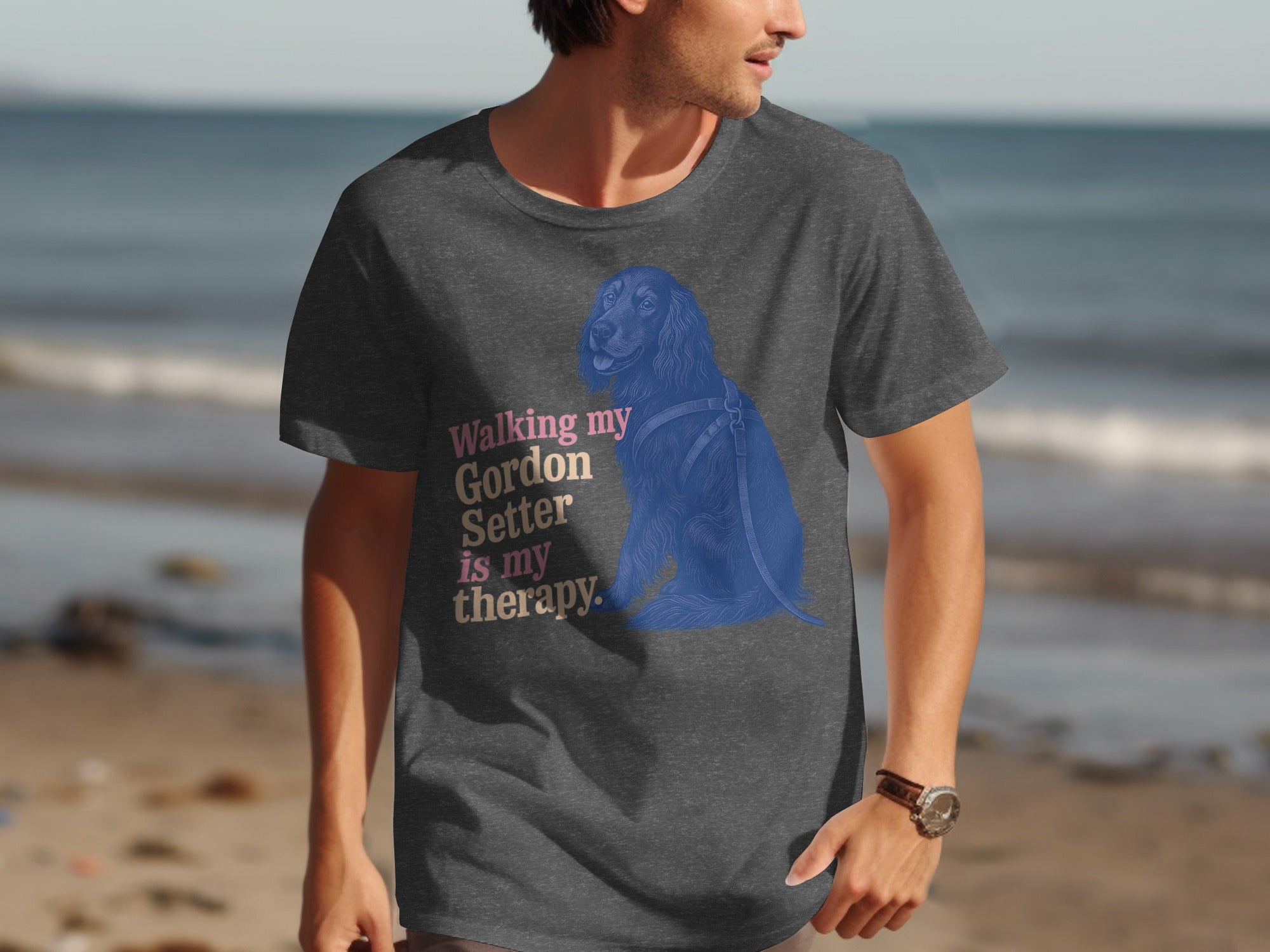 Dark grey t-shirt with blue Gordon Setter art and text "Walking my Gordon Setter is my therapy."