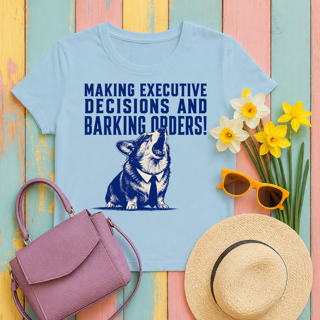 The Executive Corgi Decisions T-Shirt in Light Blue