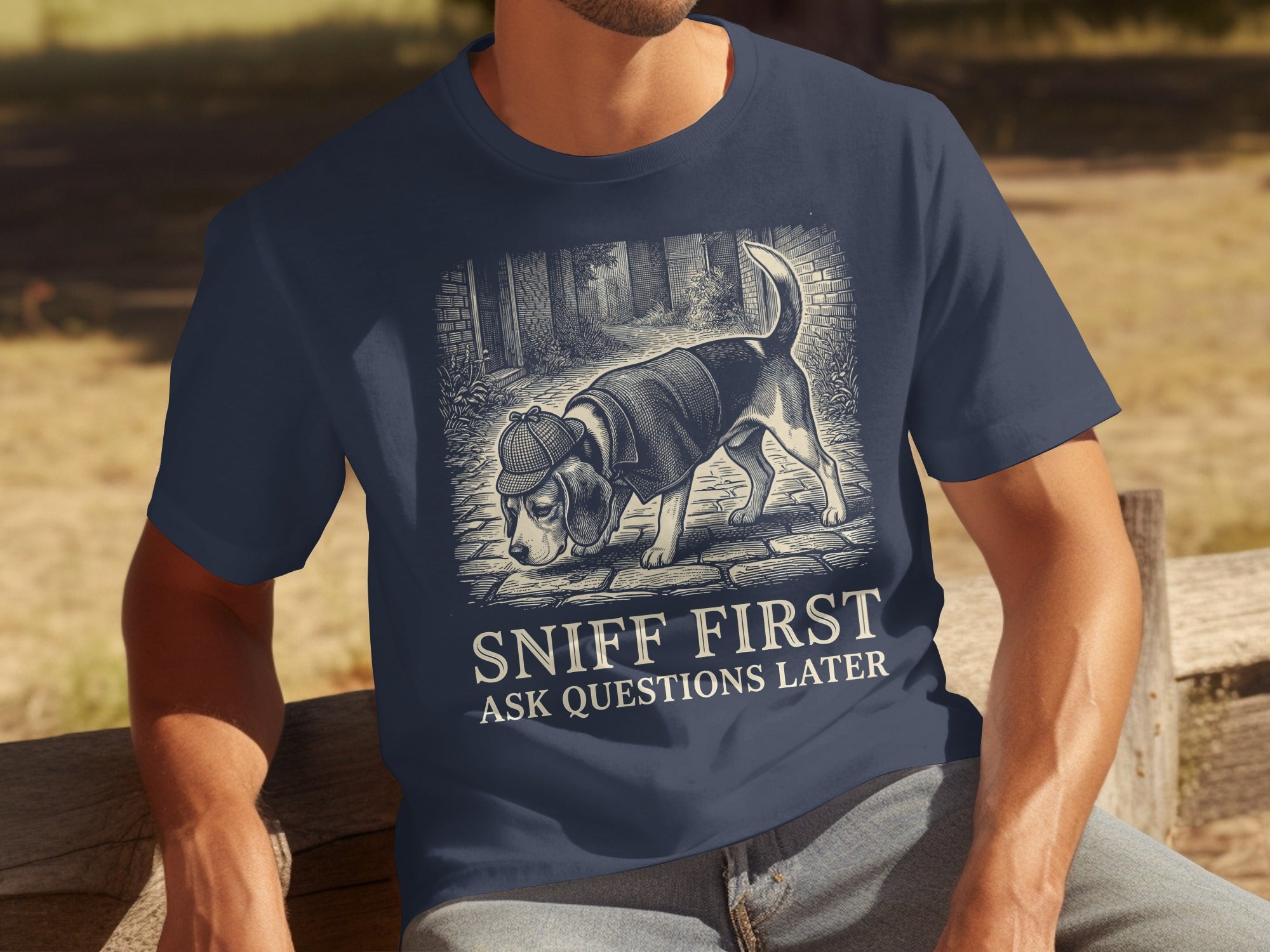 Navy t-shirt with a beagle wearing a detective hat and the text "SNIFF FIRST ASK QUESTIONS LATER".