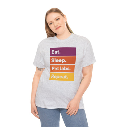 Color Block Unisex T-Shirt with Retro Sunset Colors and 'Eat Sleep Pet Labs Repeat' Text