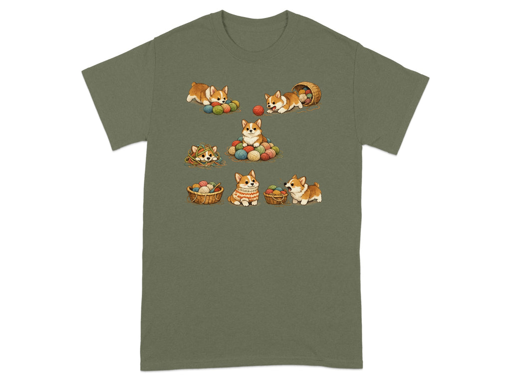 Illustration of corgi puppies with balls of yarn and baskets of yarn.
