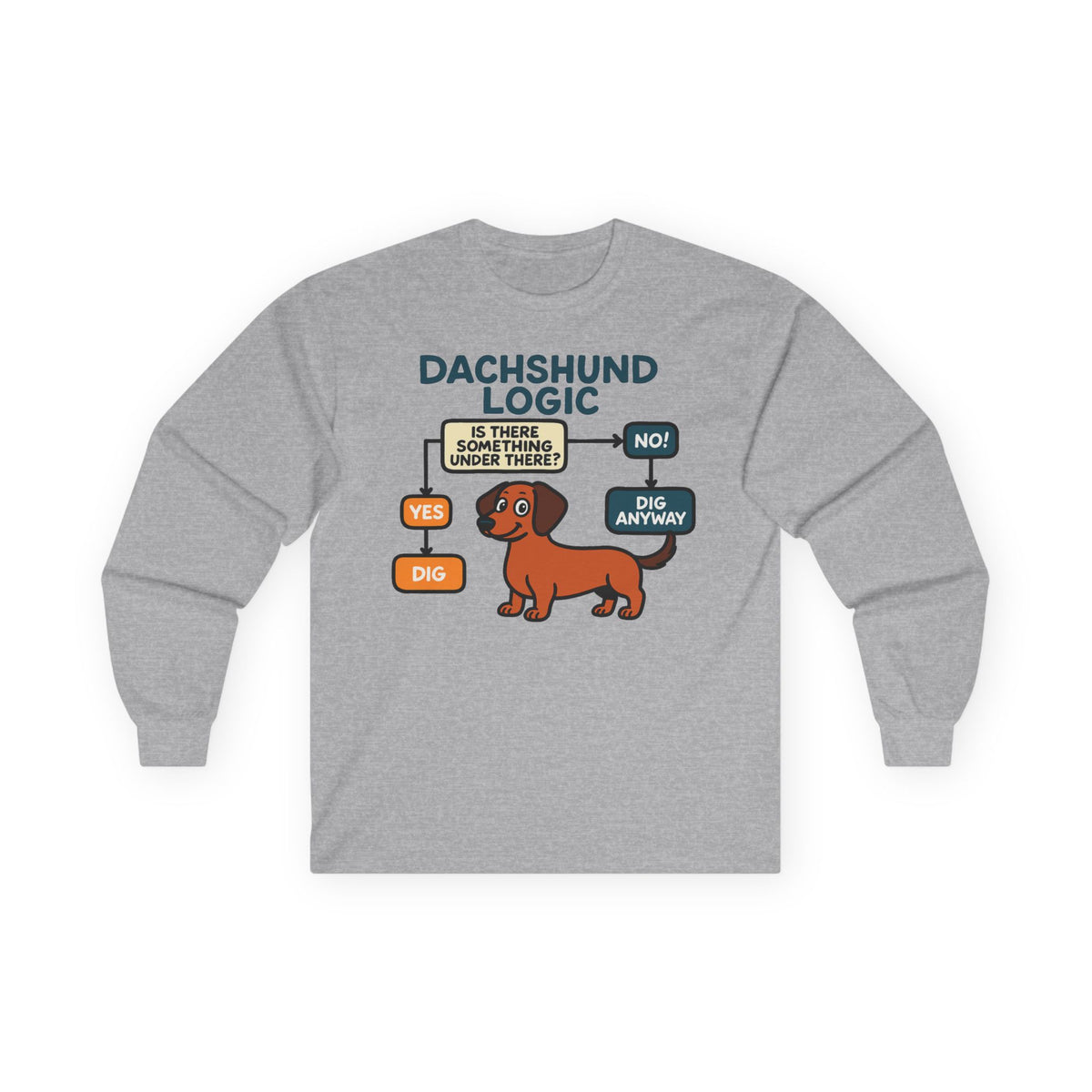 Dachshund Logic Flowchart Long Sleeve Tee in Sport Grey