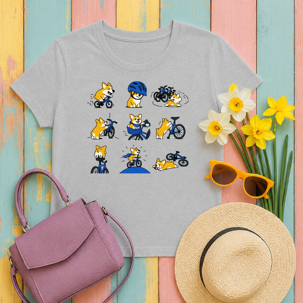 Whimsical Corgi Cycling Adventures T-Shirt in Sport Grey