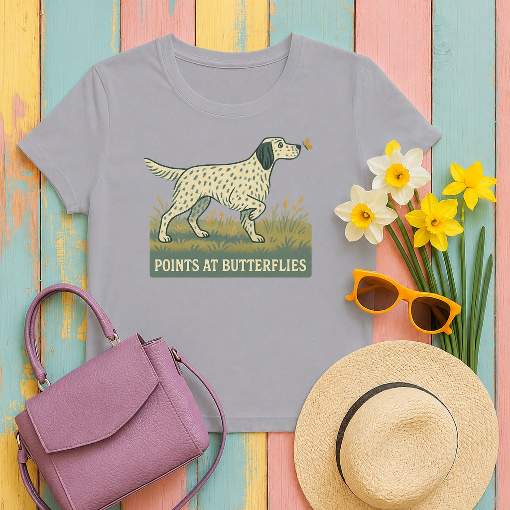 English Setter Points at Butterflies Tee in Athletic Heather