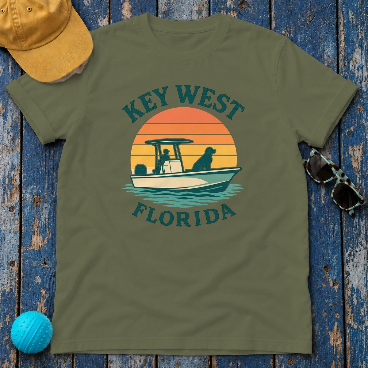 Key West Florida Retro Golden Retriever T-Shirt in Military Green