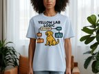 Light blue t-shirt with "Yellow Lab Logic" flowchart and cartoon dog illustration.