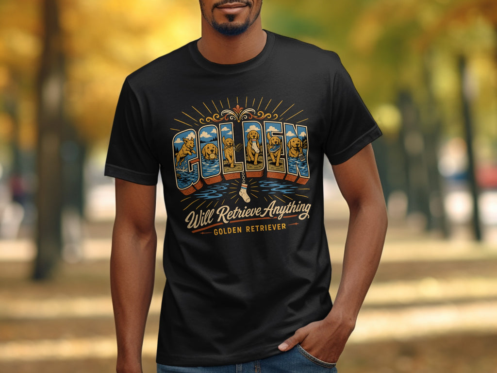 Black t-shirt with "Will Retrieve Anything Golden Retriever" and golden retrievers.