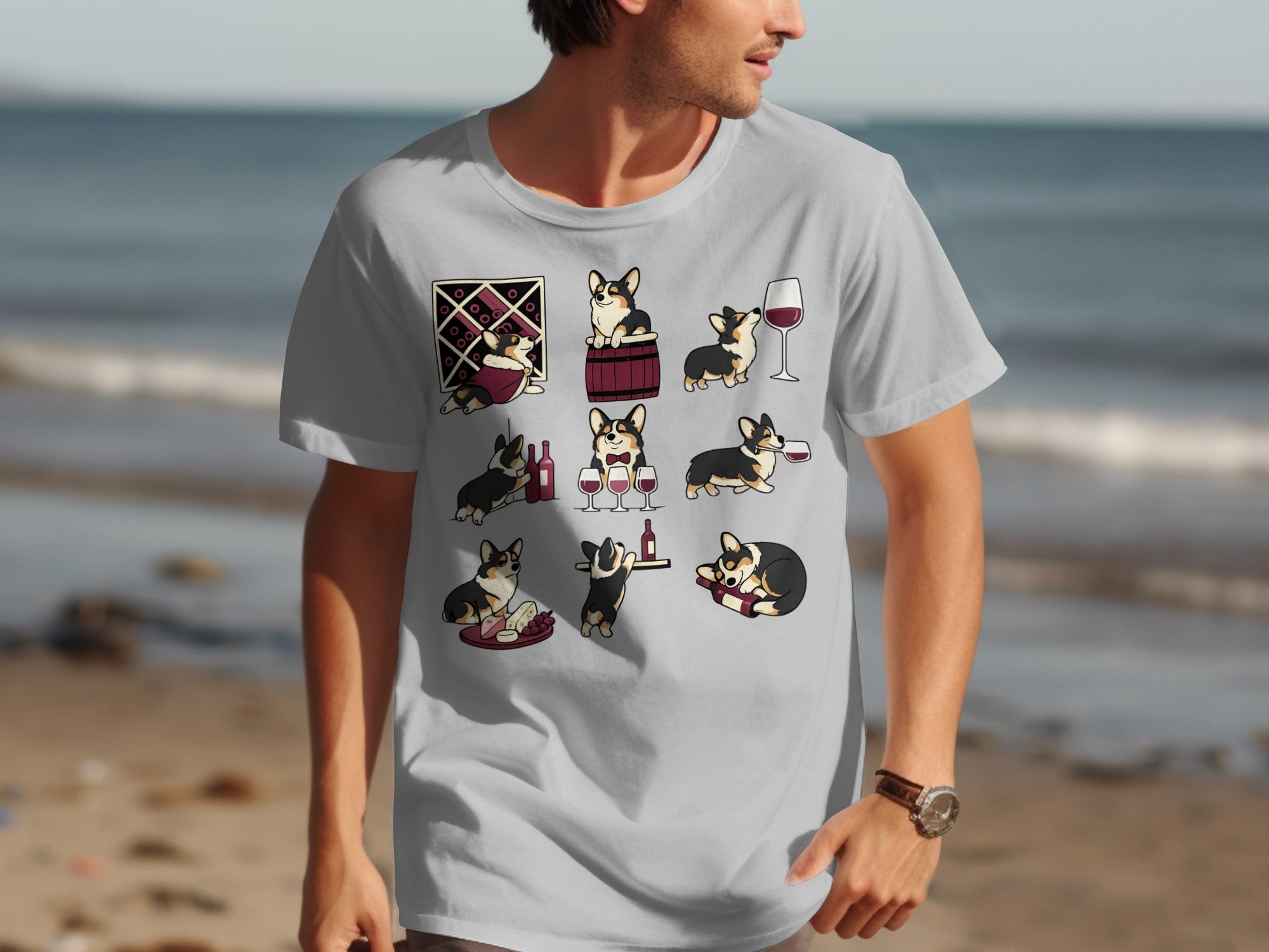 Grey t-shirt with a repeating pattern of corgis enjoying wine and cheese.