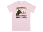 Pink t-shirt with a Doberman and rubber ducky discussing "SERIOUS ABOUT EVERYTHING".