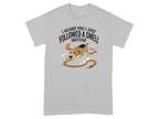 Gray t-shirt with "I heard you I just followed a smell" text and cartoon dog.