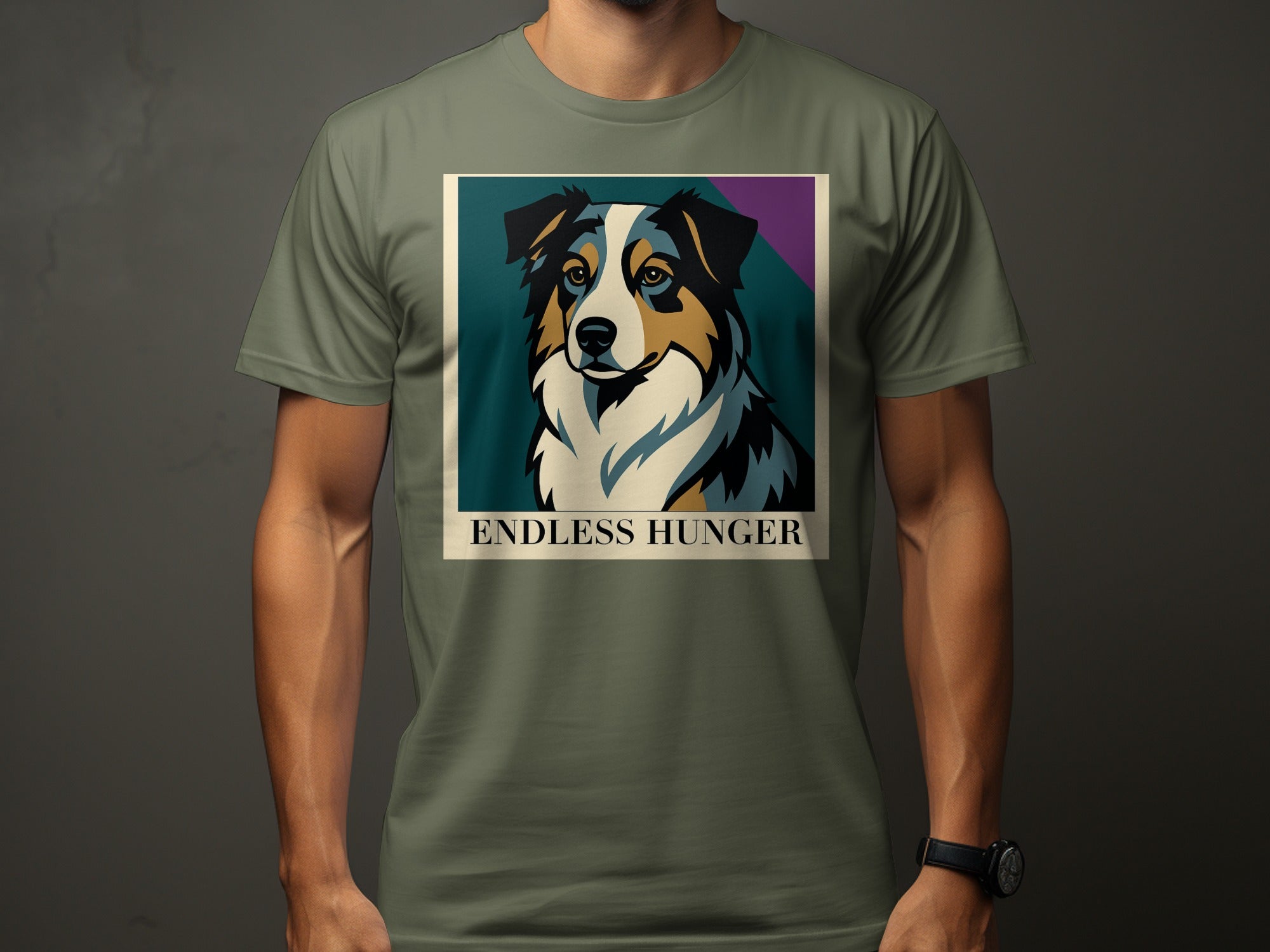 T-shirt with abstract Australian Shepherd art and "ENDLESS HUNGER" text.