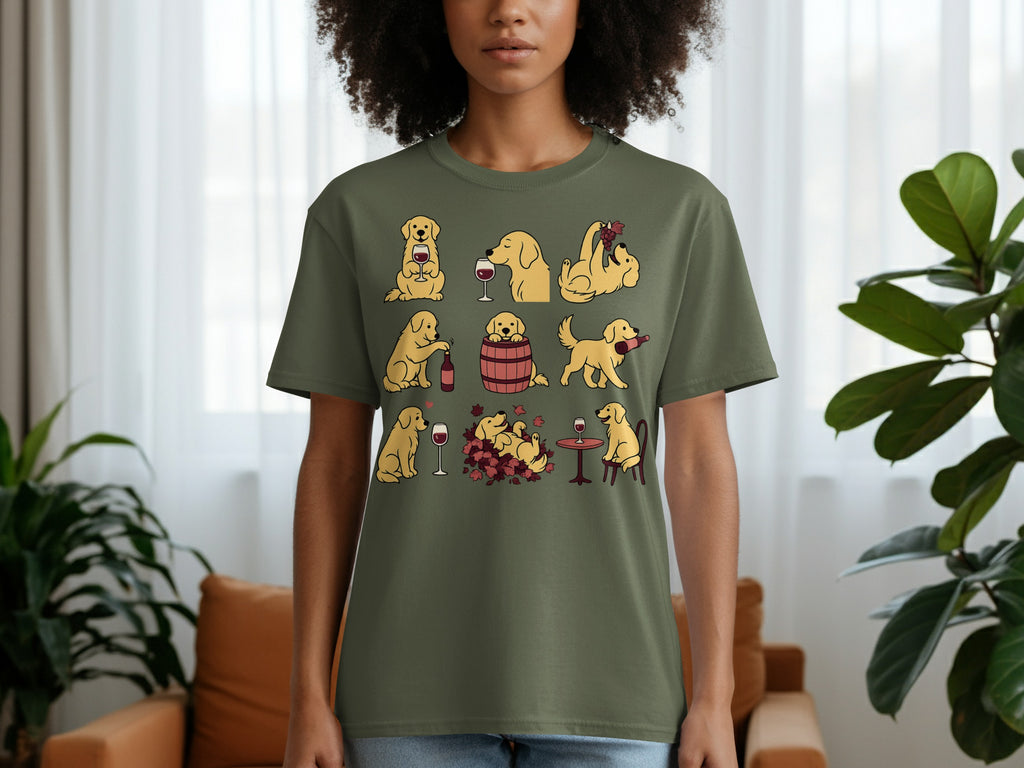 Green t-shirt with cartoon golden retrievers enjoying wine in various playful poses.