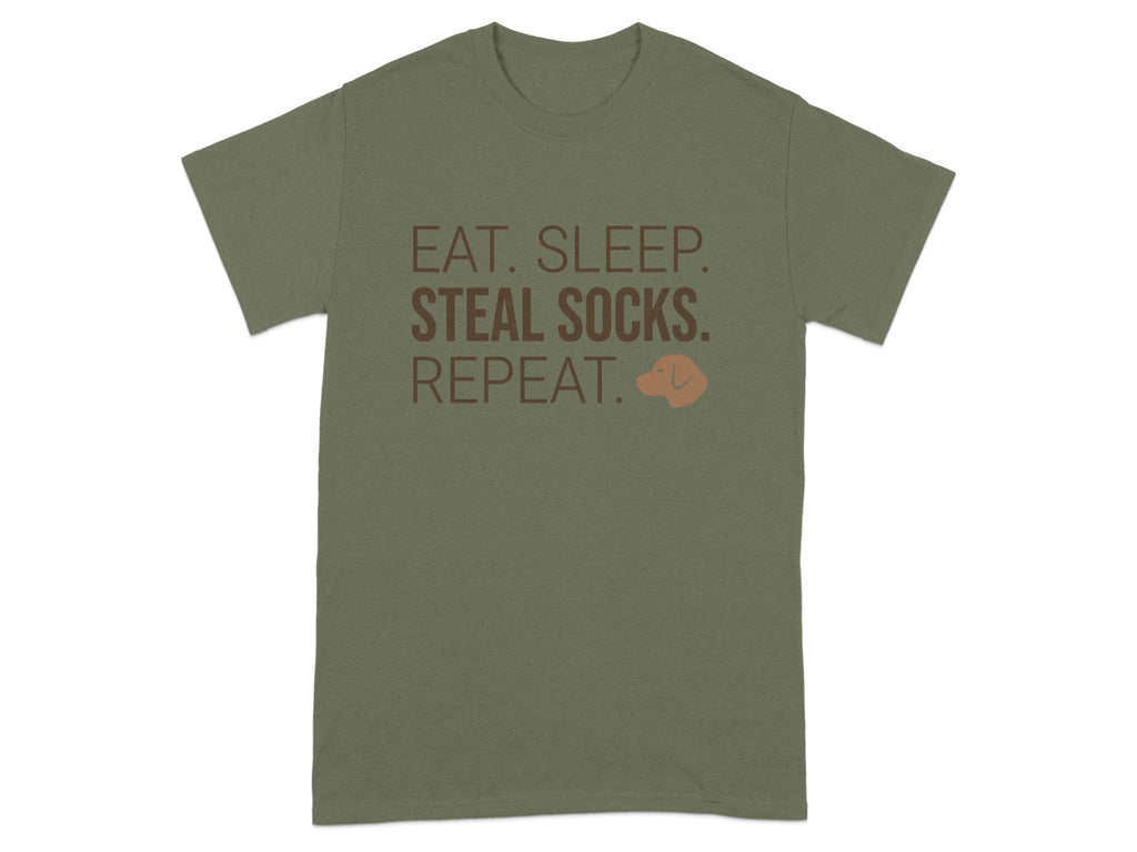 Olive t-shirt with "EAT. SLEEP. STEAL SOCKS. REPEAT." and dog icon.