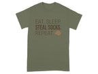 Olive t-shirt with "EAT. SLEEP. STEAL SOCKS. REPEAT." and dog icon.