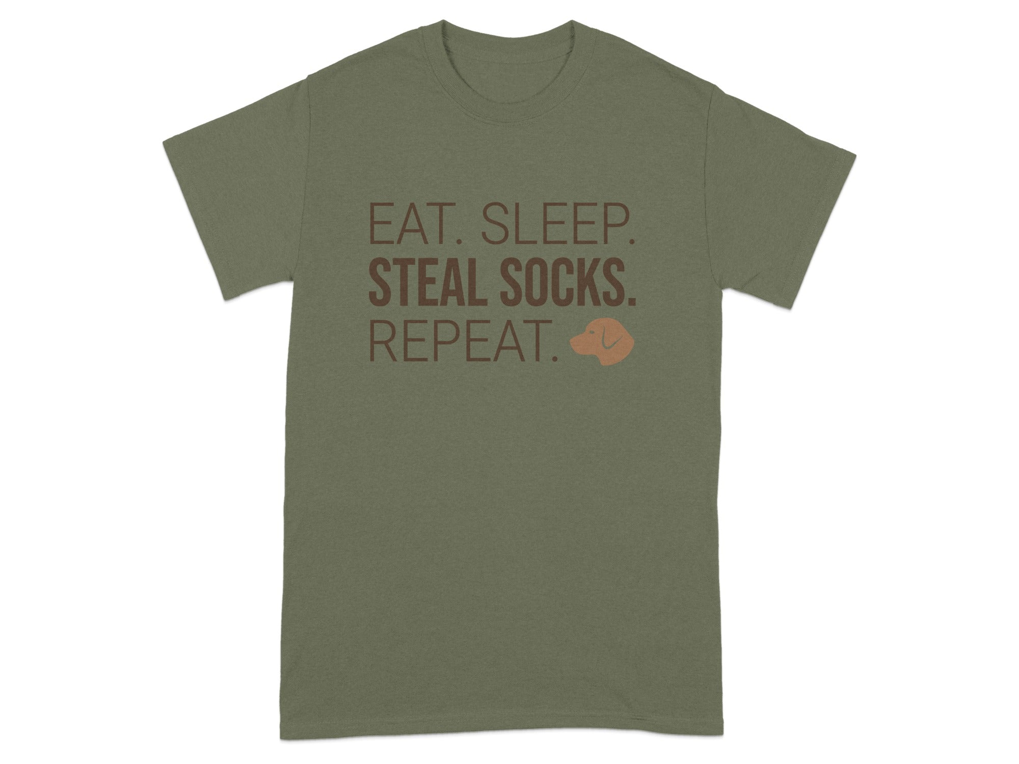 Olive t-shirt with "EAT. SLEEP. STEAL SOCKS. REPEAT." and dog icon.