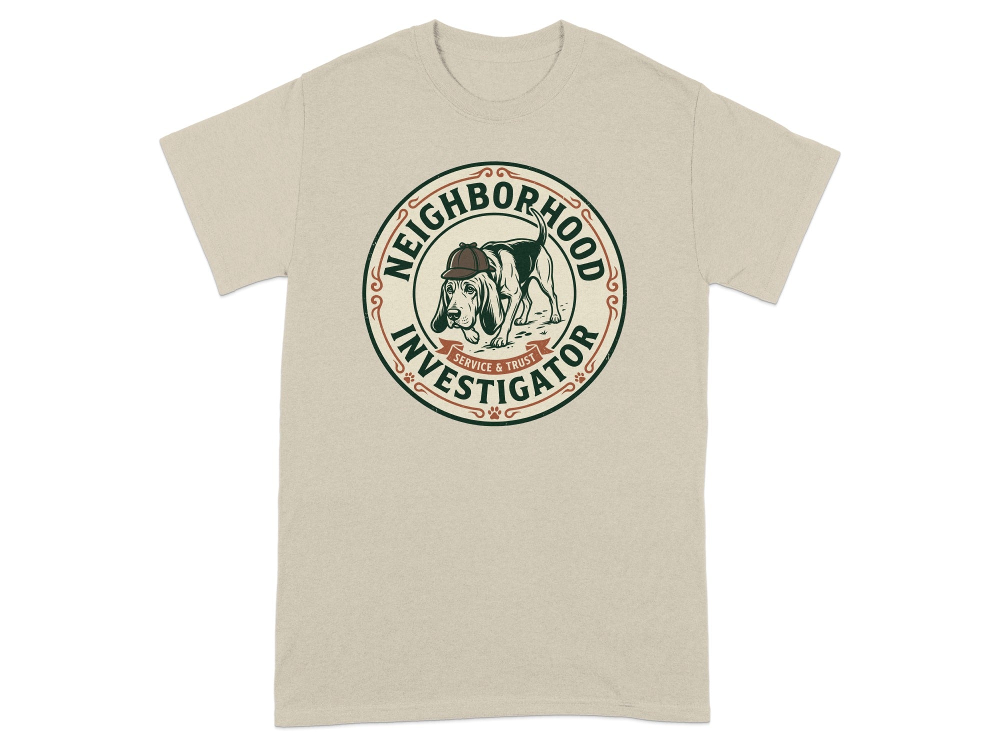Cream t-shirt with round logo: "Neighborhood Investigator Service & Trust" dog graphic.