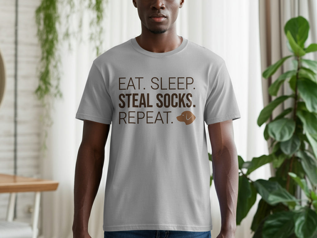 Gray t-shirt with "EAT. SLEEP. STEAL SOCKS. REPEAT." and a dog's head.