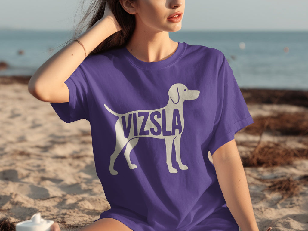 Purple t-shirt with white Vizsla dog silhouette and text on the front.