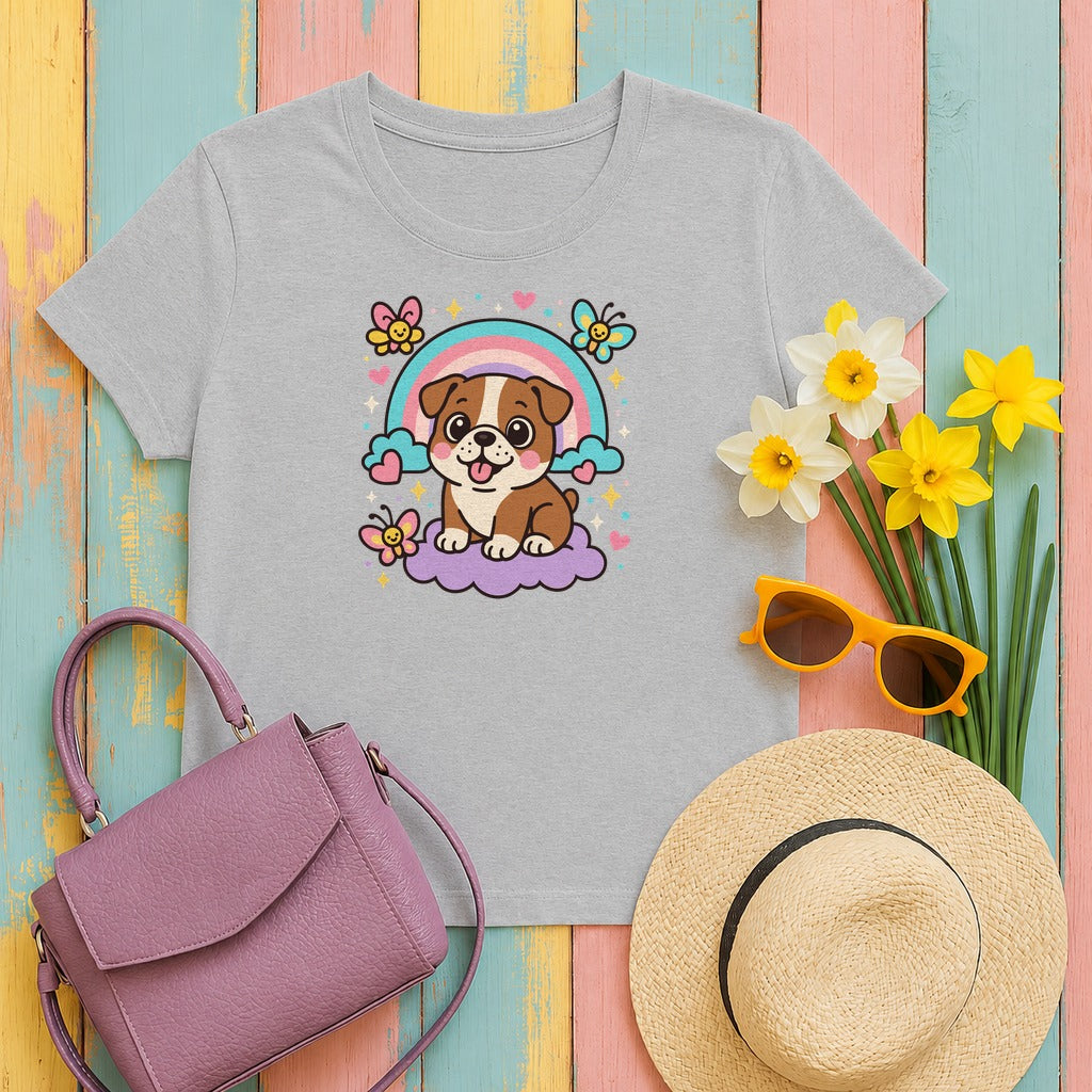 Adorable English Bulldog with Rainbow T-Shirt in Sport Grey