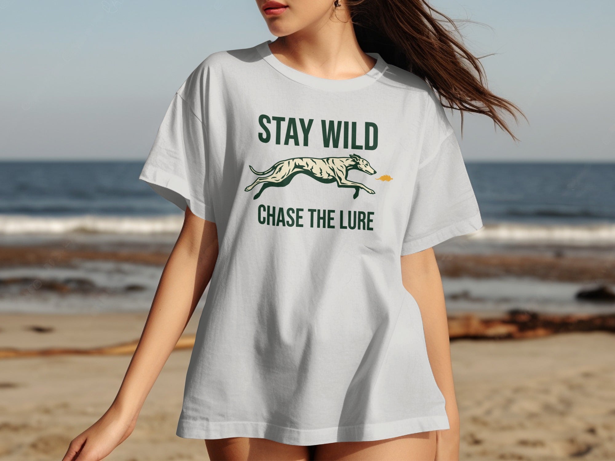 White t-shirt with "STAY WILD CHASE THE LURE" text and running dog graphic.