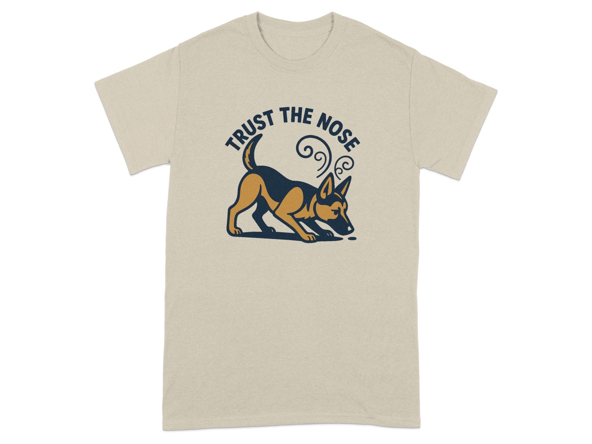 T-shirt with a German Shepherd sniffing the ground and text "Trust The Nose".