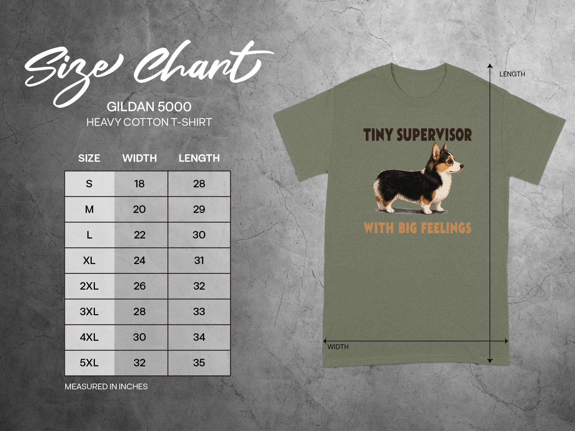 Gildan 5000 Heavy Cotton t-shirt size chart with a corgi graphic and text.