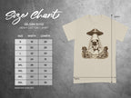 Gildan 5000 Heavy Cotton T-Shirt size chart with pug and alien abduction graphic.