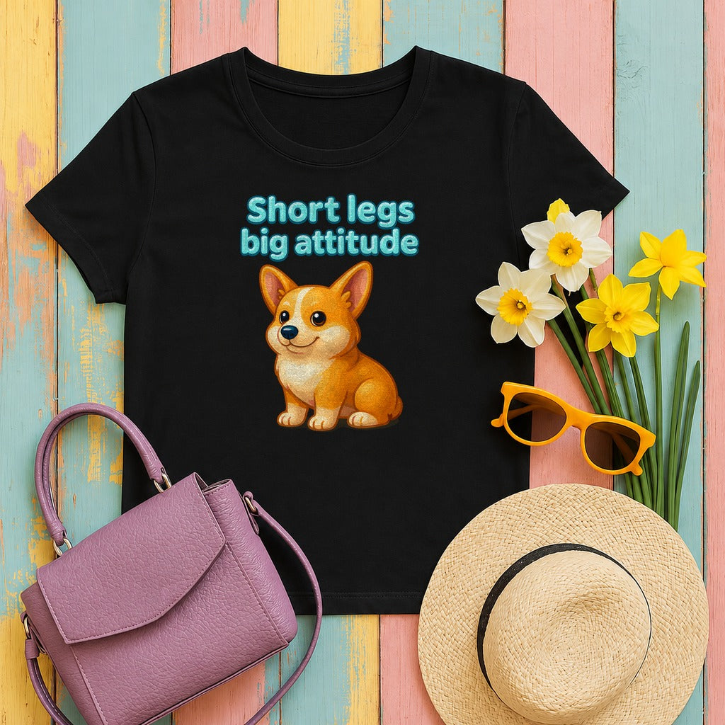 Short Legs Big Attitude T-Shirt, Corgi Dog Shirt, Cute Puppy T-shirt, Funny Animal Shirt, Sassy Dog Lover Gift, Cartoon Dog Apparel in Black