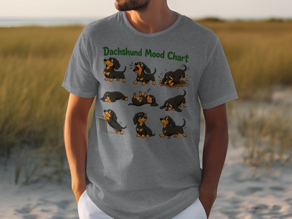 Nine cartoon dachshunds showing various moods and activities.