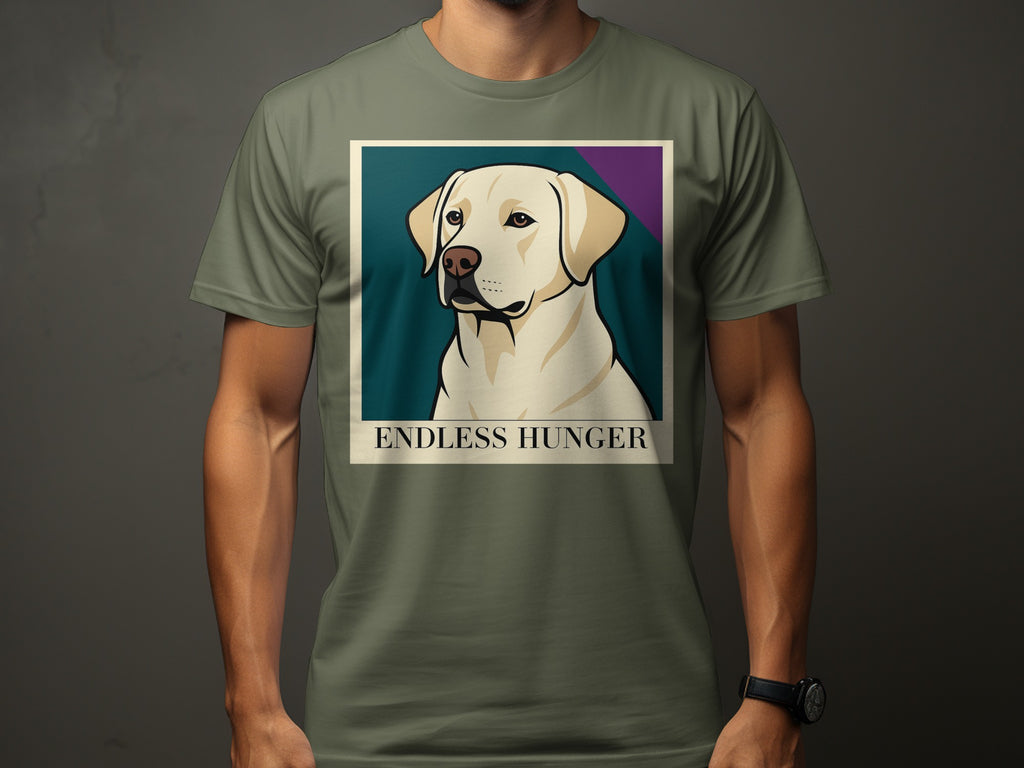 Labrador dog portrait artwork with the text "ENDLESS HUNGER" on a t-shirt.