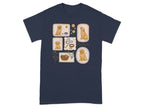 T-shirt with six square illustrations of golden retriever puppies.