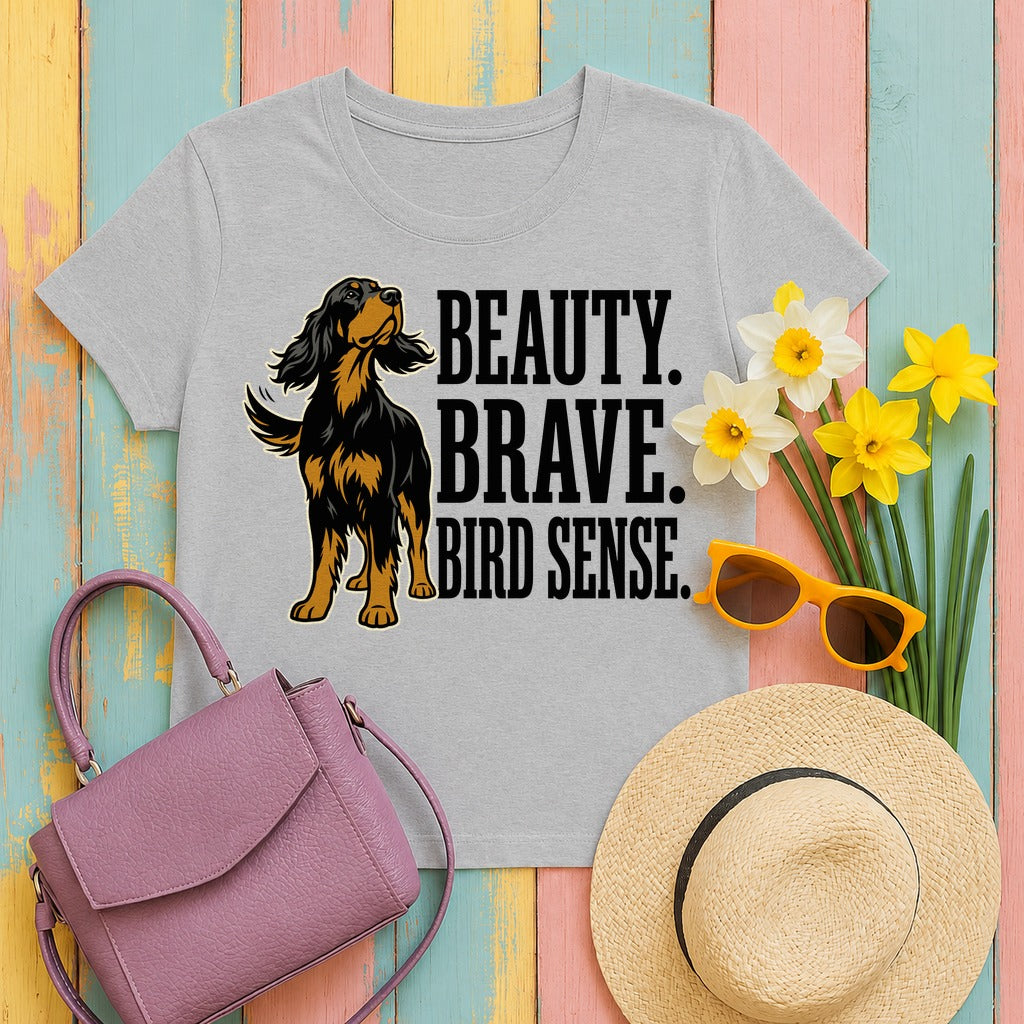 Beauty. Brave. Bird Sense. Gordon Setter T-Shirt in Sport Grey