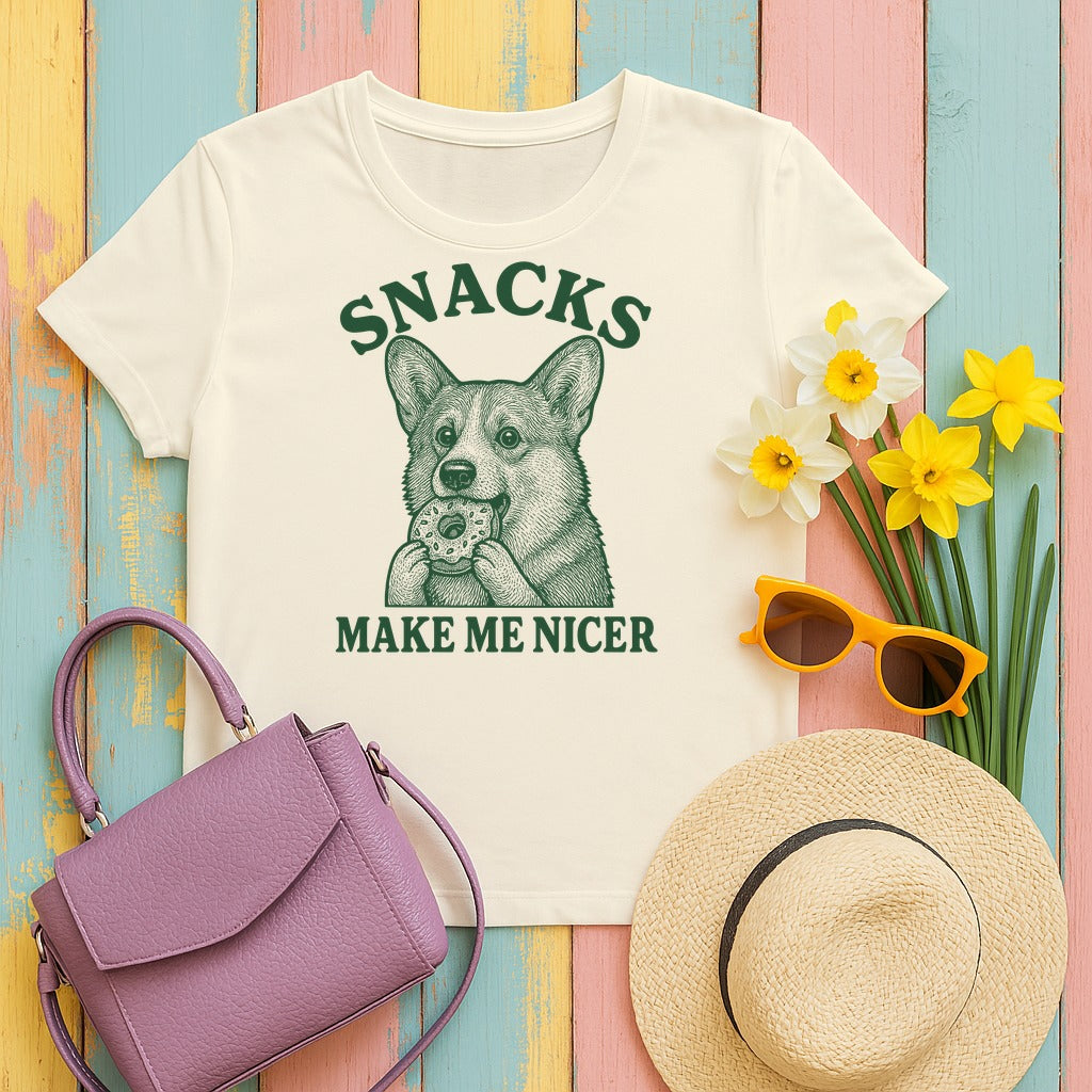 Snacks Make Me Nicer Corgi with Donut Graphic T-Shirt in Natural