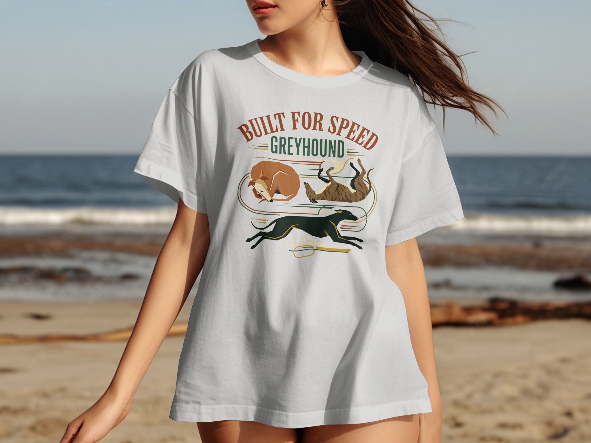 Greyhound t-shirt with "BUILT FOR SPEED" and two stylized greyhound illustrations.