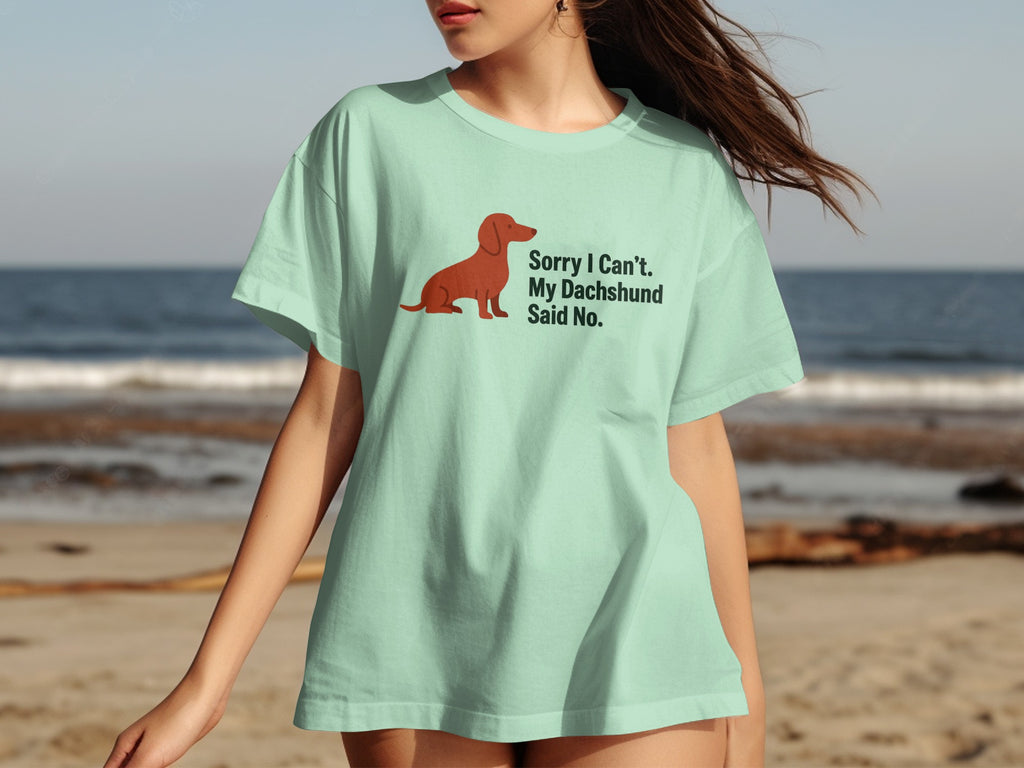 Light mint t-shirt with brown dachshund graphic and text "Sorry I Can't. My Dachshund Said No."