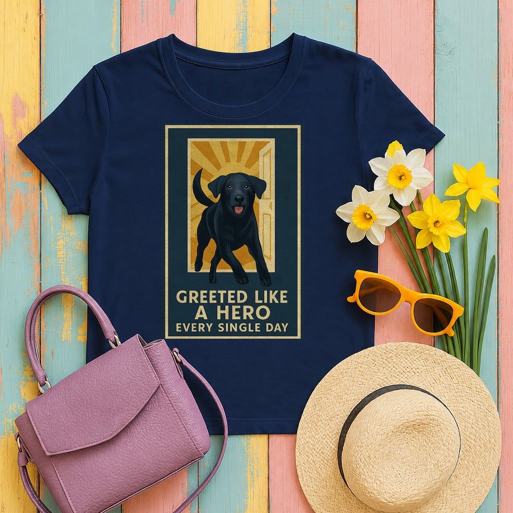 Black Lab Greeted Like a Hero T-shirt in Navy
