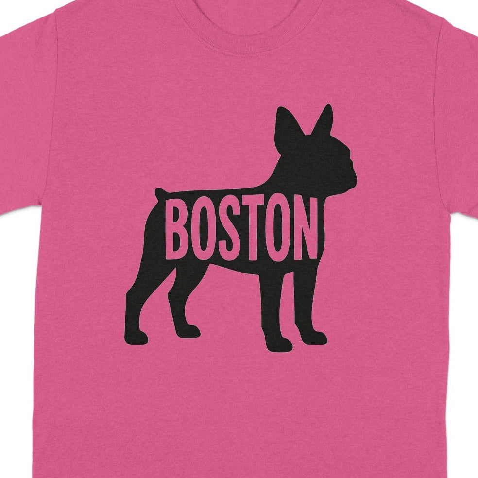 Pink t-shirt with black Boston French Bulldog silhouette graphic.